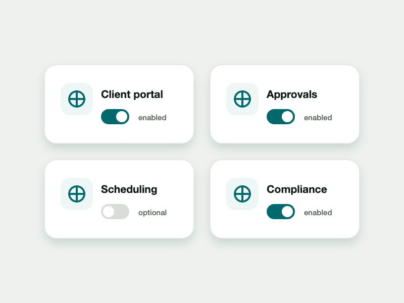 Modular feature toggles for client portals, approval workflows, and compliance