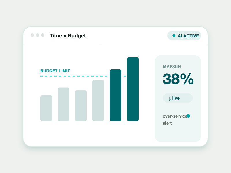 Live bar chart tracking hours against budget limit with 38% margin gauge
